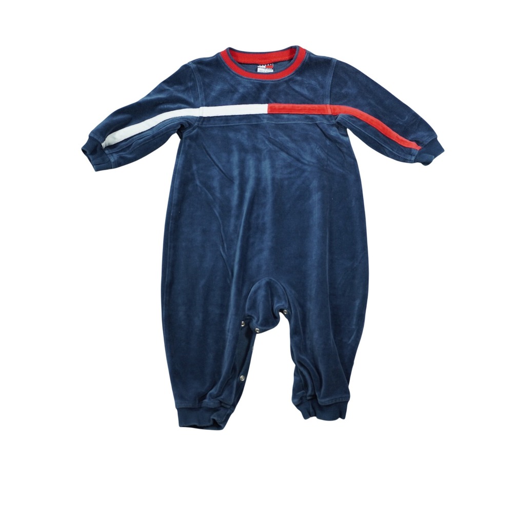 Vintage Tommy Hilfiger Kids Navy Blue Velour Flag Stripe Romper One Piece 18-24M